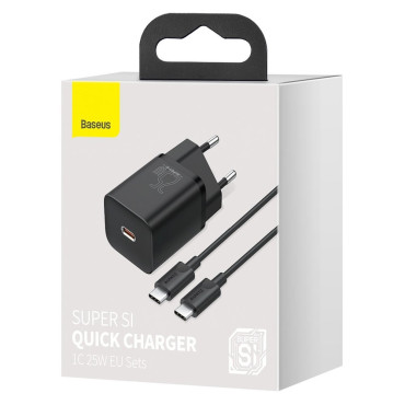 Hurtig netværkslader Suki Si QC PD 25W 3A + USB-C 1M Kabel Sort