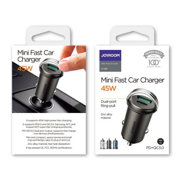 Hitri Car Charger USB-C USB 45W 5A PD QC 3.0 AFC SCP Grey