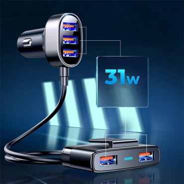 Polnilec za hitro avtomobil 5x USB 6.2a s črno razširitvijo