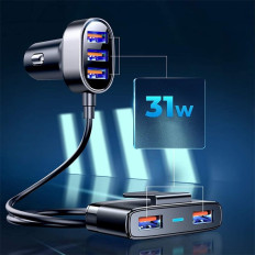 Rýchle auto nabíjačka 5x USB 6,2A s čiernym predĺžením