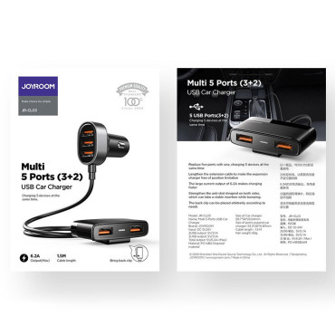 Ātra auto lādētājs 5x USB 6.2a ar melnu pagarinājumu