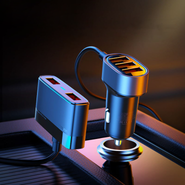 Snelle autolader 5x USB 6.2A met zwarte extensie