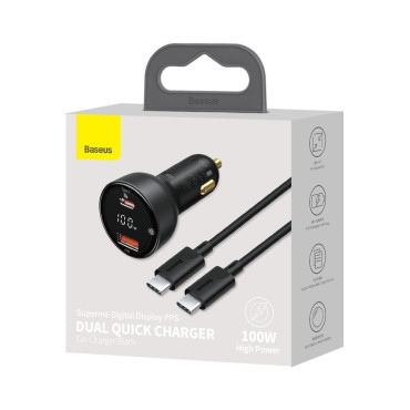Hitri avto Charger Superme USB USB-C PPS QC PD + 1M Črni kabel