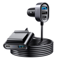 Carregador de carro 5 2xpd + 2xqc3.0 72w Dispositivos 1.5m Preto