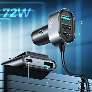 Car Charger 5 2xpd + 2xqc3.0 72W naprave 1.5m Črna