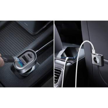 Carregador de carro 5 2xpd + 2xqc3.0 72w Dispositivos 1.5m Preto
