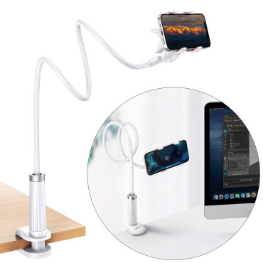 Universal Handle Stand på telefon Tablet stativ med fleksibel hvit arm