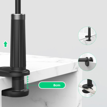 Universal handtag står på telefon tablettstativ med flexibel vit arm
