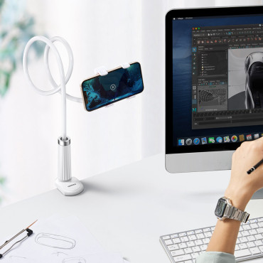 Universal handtag står på telefon tablettstativ med flexibel vit arm