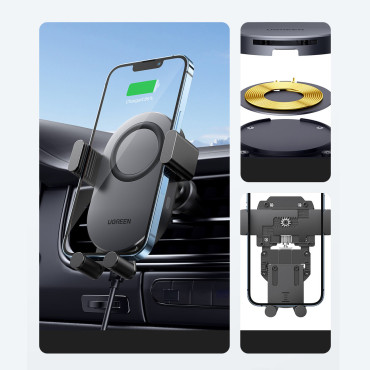 Bil trådløs oplader Qi 15W + Checkered Phone Holder Black