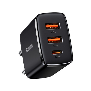 Carregador de rede rápido compacto 2x USB USB-C 30W 3A PD QC Preto