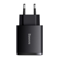 Carregador de rede rápido compacto 2x USB USB-C 30W 3A PD QC Preto