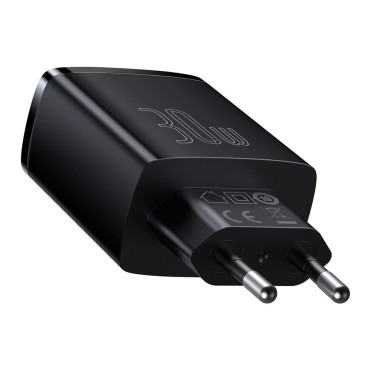Carregador de rede rápido compacto 2x USB USB-C 30W 3A PD QC Preto