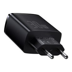 Carregador de rede rápido compacto 2x USB USB-C 30W 3A PD QC Preto