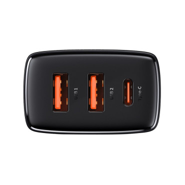 Carregador de rede rápido compacto 2x USB USB-C 30W 3A PD QC Preto