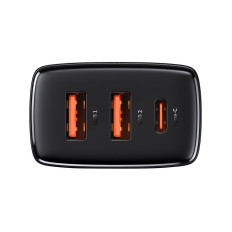 Carregador de rede rápido compacto 2x USB USB-C 30W 3A PD QC Preto