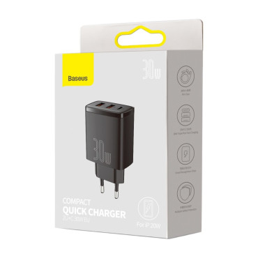 Carregador de rede rápido compacto 2x USB USB-C 30W 3A PD QC Preto