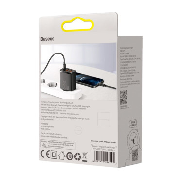 Carregador de rede rápido compacto 2x USB USB-C 30W 3A PD QC Preto