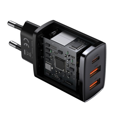 Carregador de rede rápido compacto 2x USB USB-C 30W 3A PD QC Preto