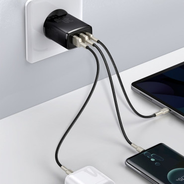 Carregador de rede rápido compacto 2x USB USB-C 30W 3A PD QC Preto