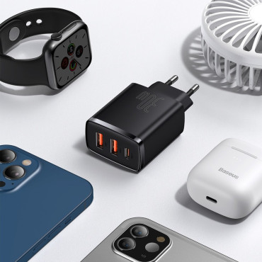 Carregador de rede rápido compacto 2x USB USB-C 30W 3A PD QC Preto