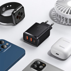 Carregador de rede rápido compacto 2x USB USB-C 30W 3A PD QC Preto