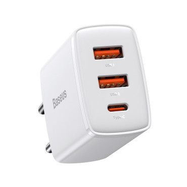 Carregador de rede rápido compacto 2x USB USB-C 30W 3A PD QC Branco