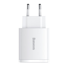 Kompaktiškas greitas tinklo įkroviklis 2x USB USB-C 30W 3A PD QC WHITE