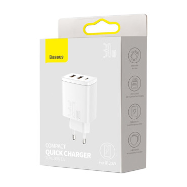 Kompaktiškas greitas tinklo įkroviklis 2x USB USB-C 30W 3A PD QC WHITE