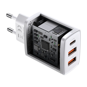Kompaktiškas greitas tinklo įkroviklis 2x USB USB-C 30W 3A PD QC WHITE