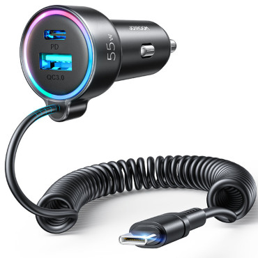 Carregador de carro rápido 3in1 com cabo USB-C 1.5m 55w preto