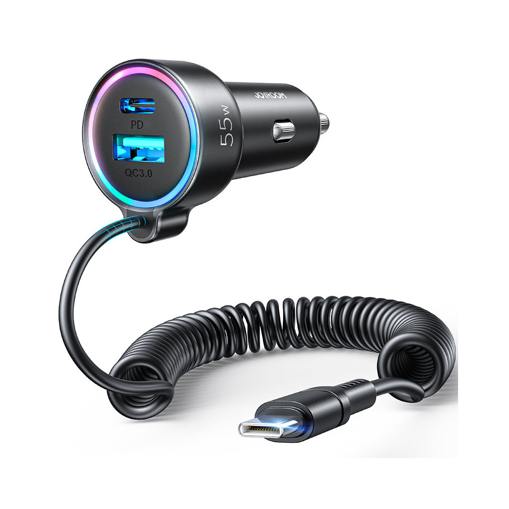 Carregador de carro rápido 3in1 com cabo USB-C 1.5m 55w preto