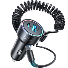 Carregador de carro rápido 3in1 com cabo USB-C 1.5m 55w preto