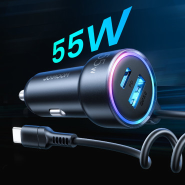 Cargador de coche 3In1 rápido con cable USB-C 1.5m 55w negro