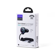 Carregador de carro rápido 3in1 com cabo USB-C 1.5m 55w preto