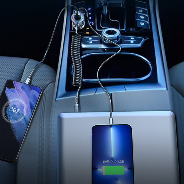 Carregador de carro rápido 3in1 com cabo USB-C 1.5m 55w preto