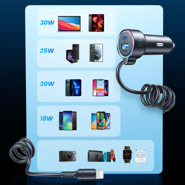 Carregador de carro rápido 3in1 com cabo USB-C 1.5m 55w preto
