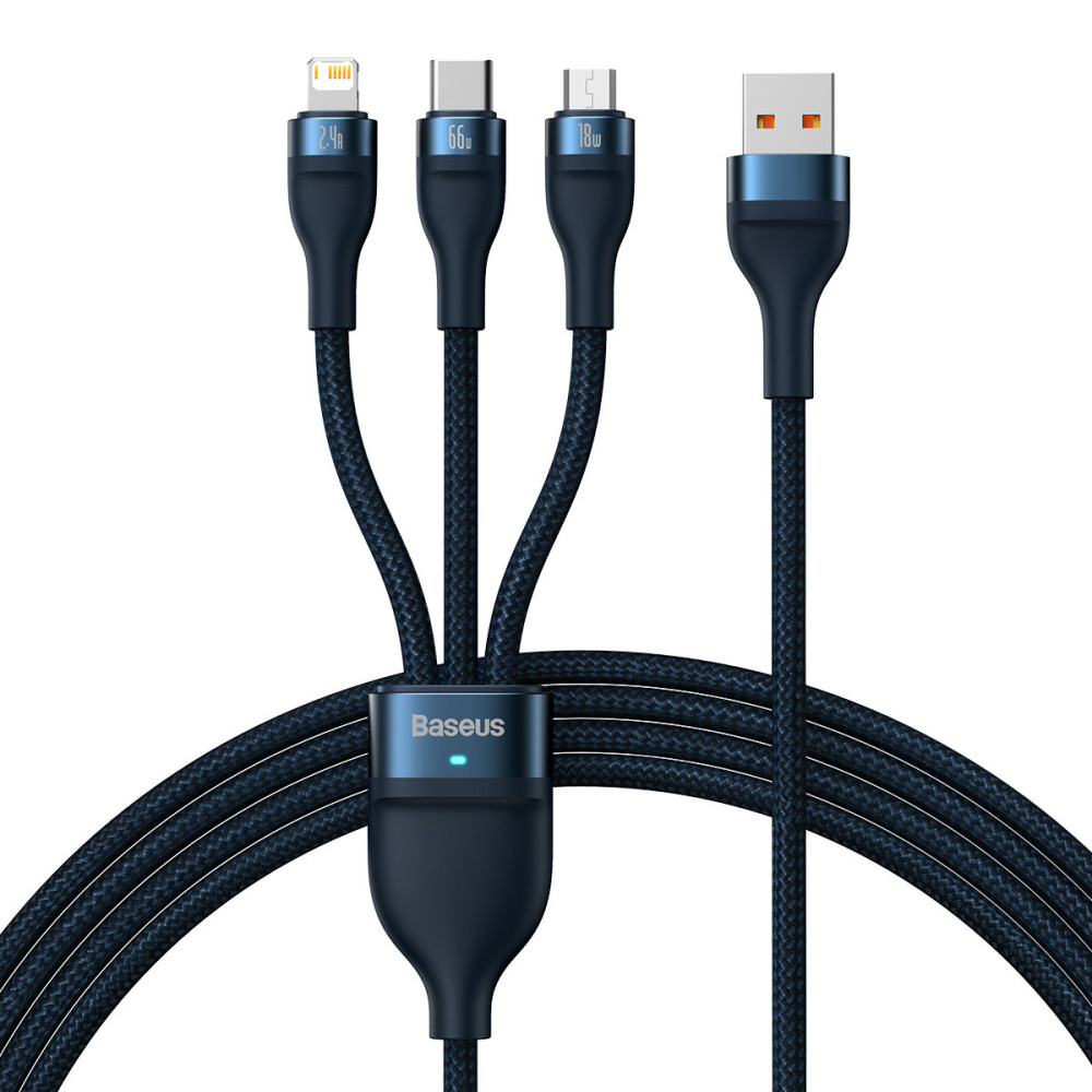 3in1-kabel voor snellaadkabel voor USB-C MIMUSB-bliksem 66W 480MB / s 1.2m Blauw