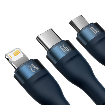 3IN1 Kabel för snabbbelastningskabel för USB-C MicroUSB Lightning 66W 480MB / s 1.2m Blå
