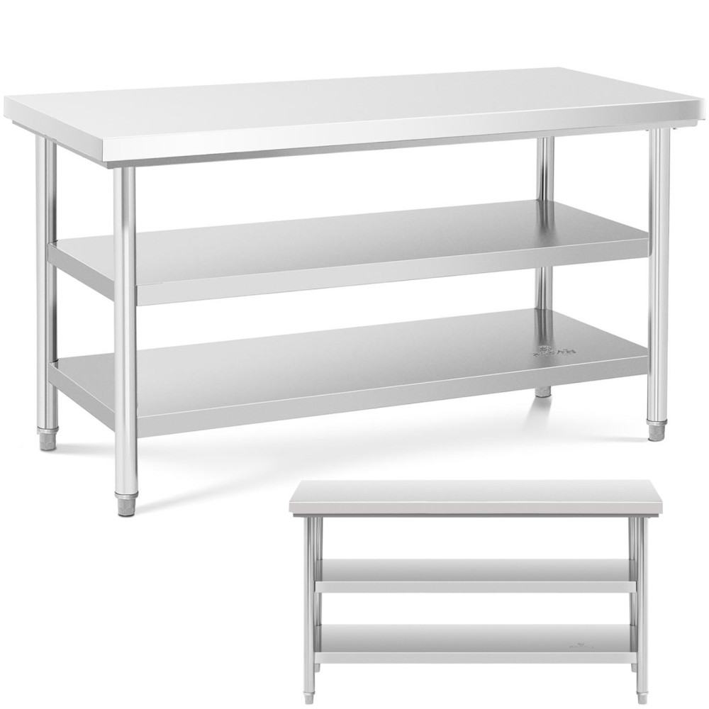 Piano di lavoro in acciaio inox con 2 ripiani 150x70cm
