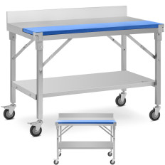 Tabela de trabalho nas rodas com uma placa de corte de aço inoxidável com um rack e uma prateleira 120x70cm