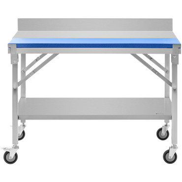 Tabela de trabalho nas rodas com uma placa de corte de aço inoxidável com um rack e uma prateleira 120x70cm