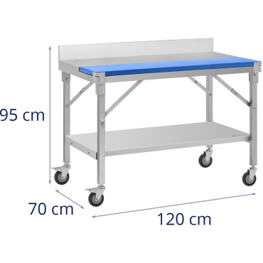 Tabela de trabalho nas rodas com uma placa de corte de aço inoxidável com um rack e uma prateleira 120x70cm