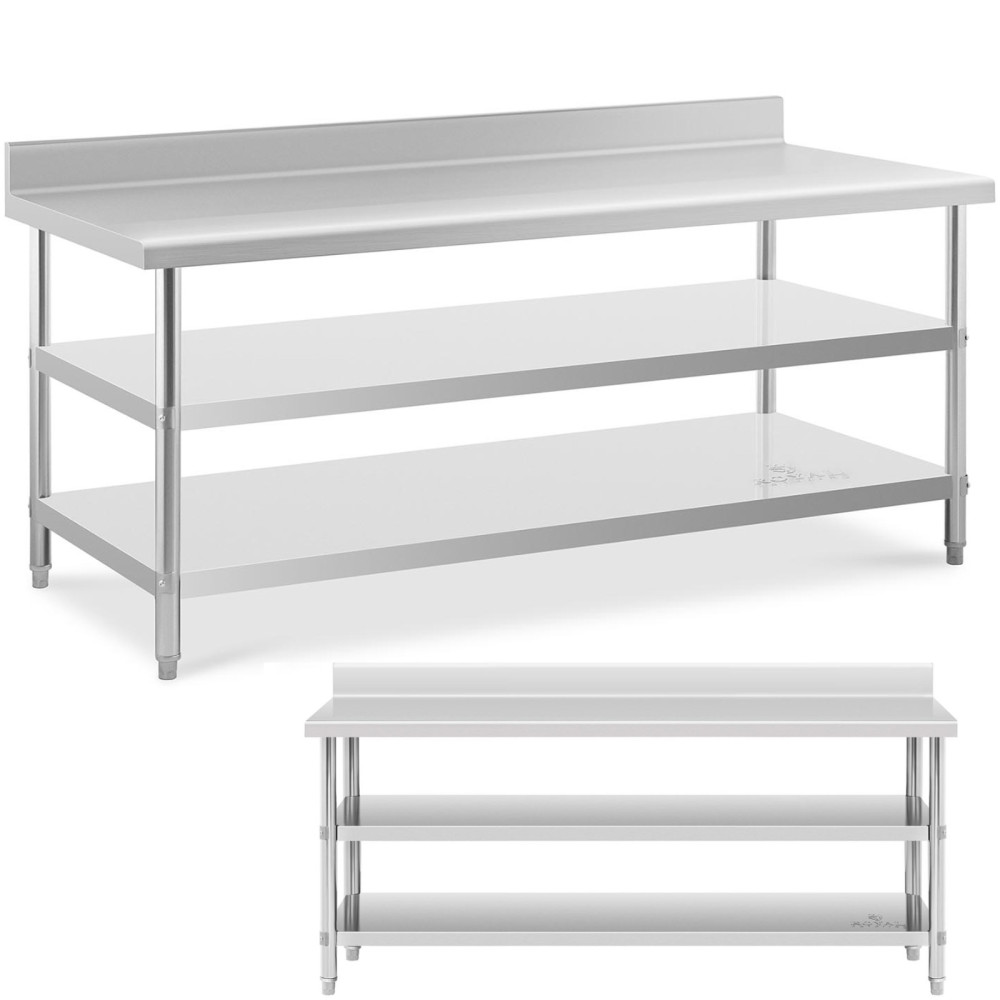 Tabellen benkeplate rustfritt stål bord med rant 2 hyller 200x90cm