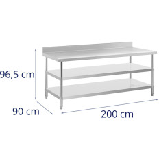 Table d'acier inoxydable de planche de table de table avec 2 étagères à 2 étagères 200x90cm