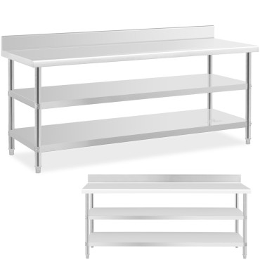 Tabela de parede de aço inoxidável com rack 2 prateleiras 200x70cm