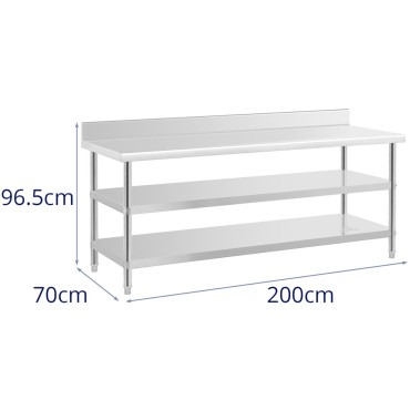 Table de table en acier inoxydable de table avec rack 2 étagères 200x70cm