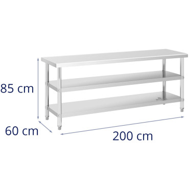 Tabela de aço inoxidável de aço 2 prateleiras 200x60cm
