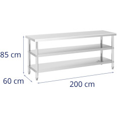 Tabela de aço inoxidável de aço 2 prateleiras 200x60cm