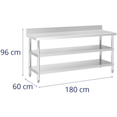 Tabellen benkeplate rustfritt stål bord med rant 2 hyller 180x60cm
